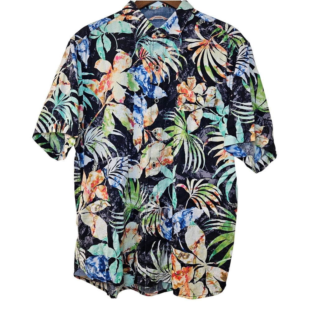 Tommy Bahama Tortola Shirt Mens Large L Silk Blend Floral Tropical Aloha Black
